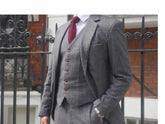 Wool Grey British Style Suits for Men Custom Made Herringbone Tweed 3 Pcs Wedding Slim Fit Groom Tuxedo (Jacket + Pants + Vest) GRAY